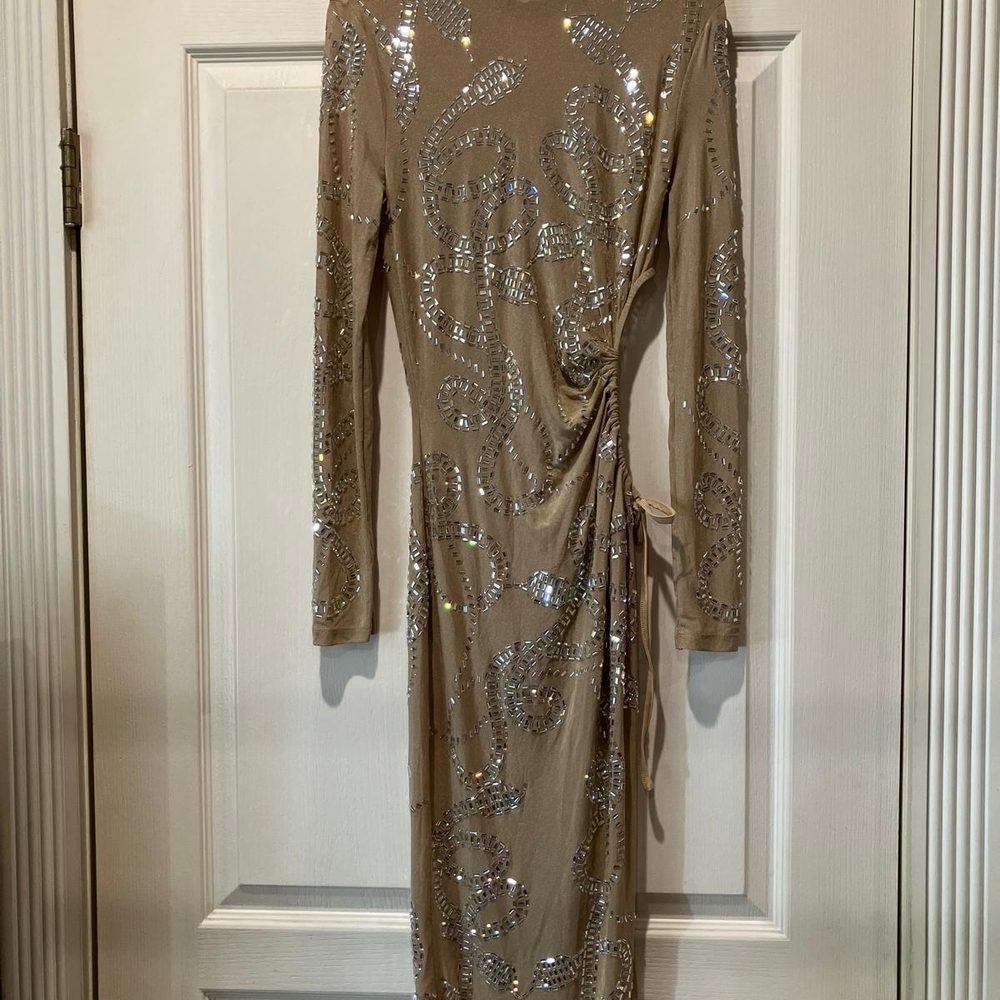 Elegant Tan Rhinestone Dress. Open  On Side. Never Worn